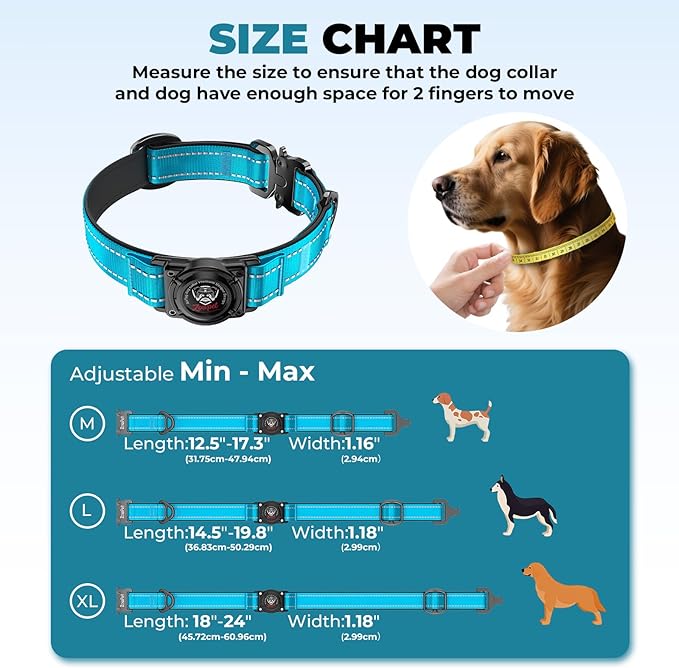 2025 Upgrade Airtag Dog Collar, Reflective Dog Collar with Airtag Holder, IP68 Waterproof| Metal Buckle| Ultra-Durable| Comfortable Padded, GPS Dog Collars for Medium Large Dogs (Blue,XL)