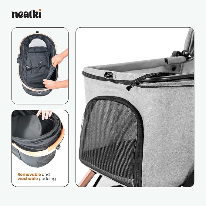 Foldable Pet Stroller for Dogs and Cats, 33 lbs Capacity, 360° Swivel Front Wheels, One-Click Fold, Brake System, Leash & Lock Clips, Removable Washable Padding, and Cup Holder (Gray, 33 lbs)