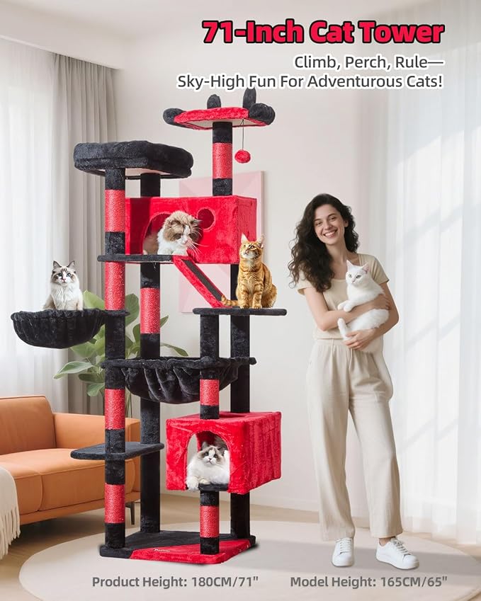 Taoqimiao Gothic Cat Tree 71-Inch, Cat Tower for Indoor Cats Large Adult, Large Cat Condo, 8 Sisal Scratching Posts, Metal Frame Cozy Hammock, Scratch Board, 2 Perches, Black and Red MS026LBR