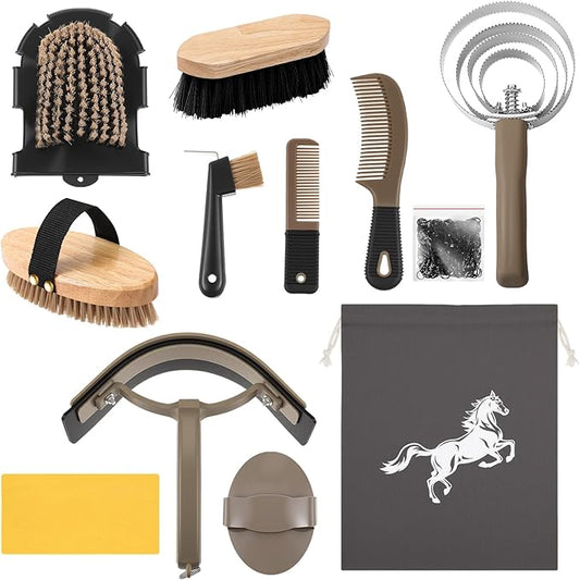 Abbylike 12 Pieces Horse Grooming Kit Racing Festival Tack Room Supplies Horse Brush Sets Equine Care Cleaning Kit Shedding Grooming Massaging Tools(Dark Gray)