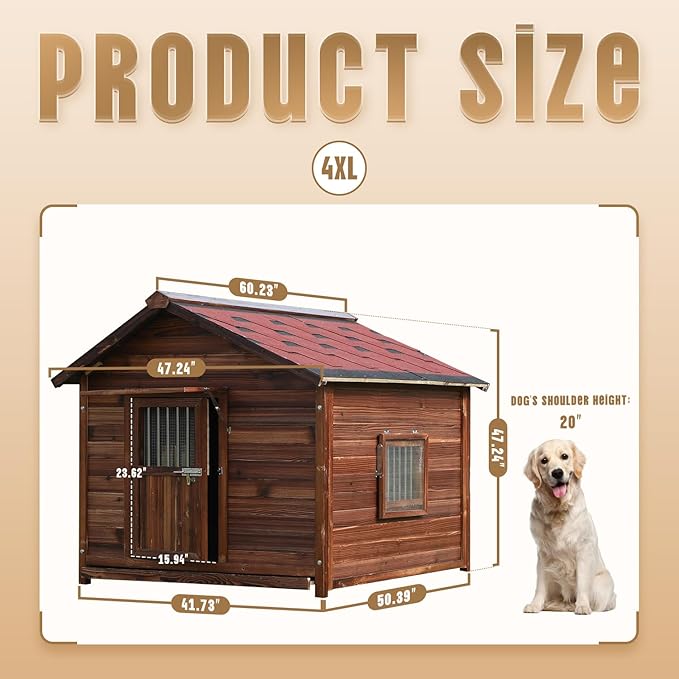 Extra Large Dog House Outdoor Made of Solid Pine Wood, Warm Doghouse, Dog House with Elevated Floor for Large Dogs, (Wood, 4XL)
