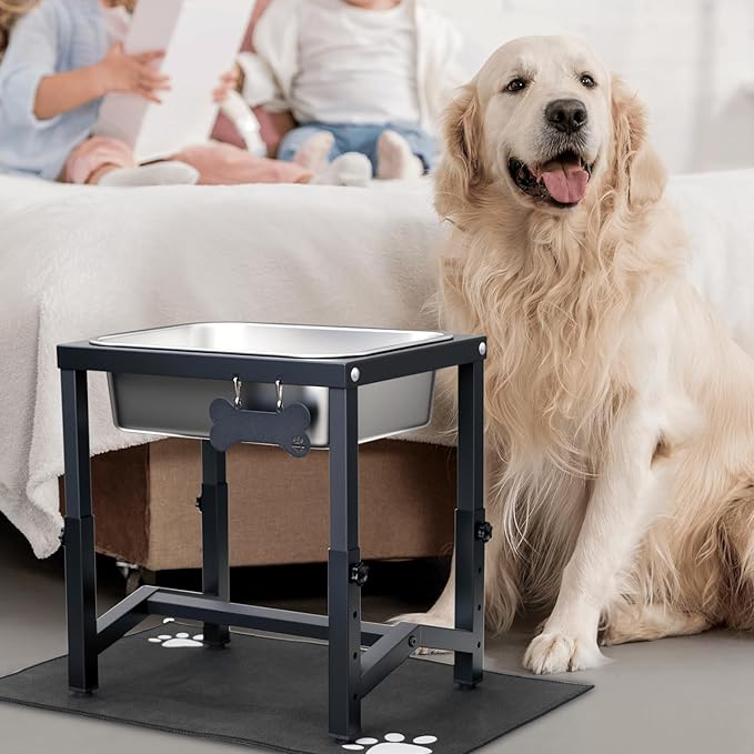 2 Gallon Elevated Large Dog Water Bowl, 4 Adjustable Height 10.5-15.8'' Raised Stainless Steel Bowl Stand with Anti-Slip Mat for Large Breed, Metal Dog Feeding Station for Relief Joint Pressure