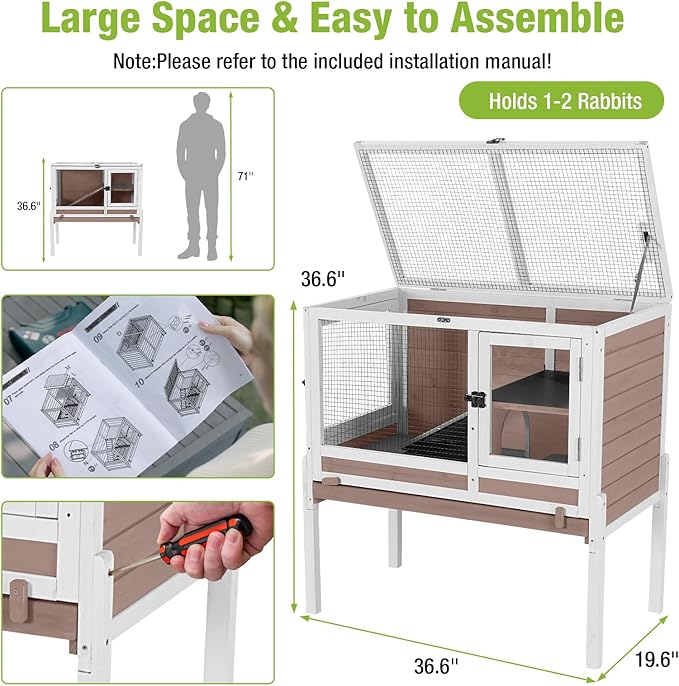 GUTINNEEN Rabbit Hutch Bunny House, 36.6" L Rabbit Cage with Anti Chewing Ramp, Guinea Pig Cage with Cooling Galvanized Sheet, Detachable Legs(Brown)