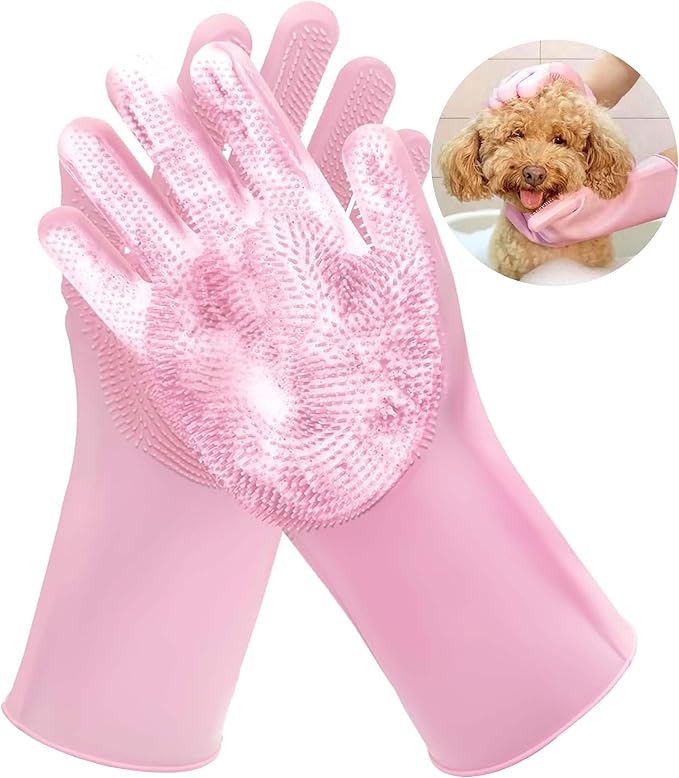 Pet Grooming Gloves,Heat-Resistant Silicone Gloves with High-Density Teeth for Enhanced Massaging and Bathing of Dogs and Cats (Pink, 2 Pair)