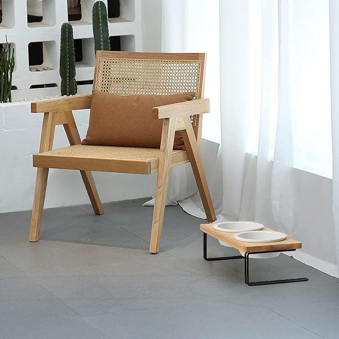 FUKUMARU Elevated Cat Ceramic Bowls, Small Dog Raised Food Feeding Dishes, Solid Wood Water Stand Feeder Set for Cats and Puppy