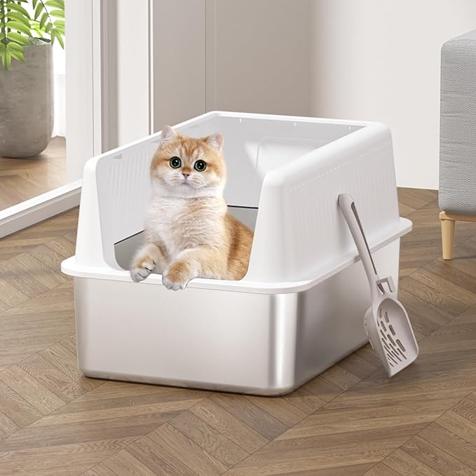 Stainless Steel Cat Litter Box with Lid,XL,19.7” L x 13.8” W x 11.8”H Deep,Large Metal Litter Box with High Side,for Small and Large Cats,Anti-Leakage Non-Sticky Easy Cleaning Include Litter Scoop