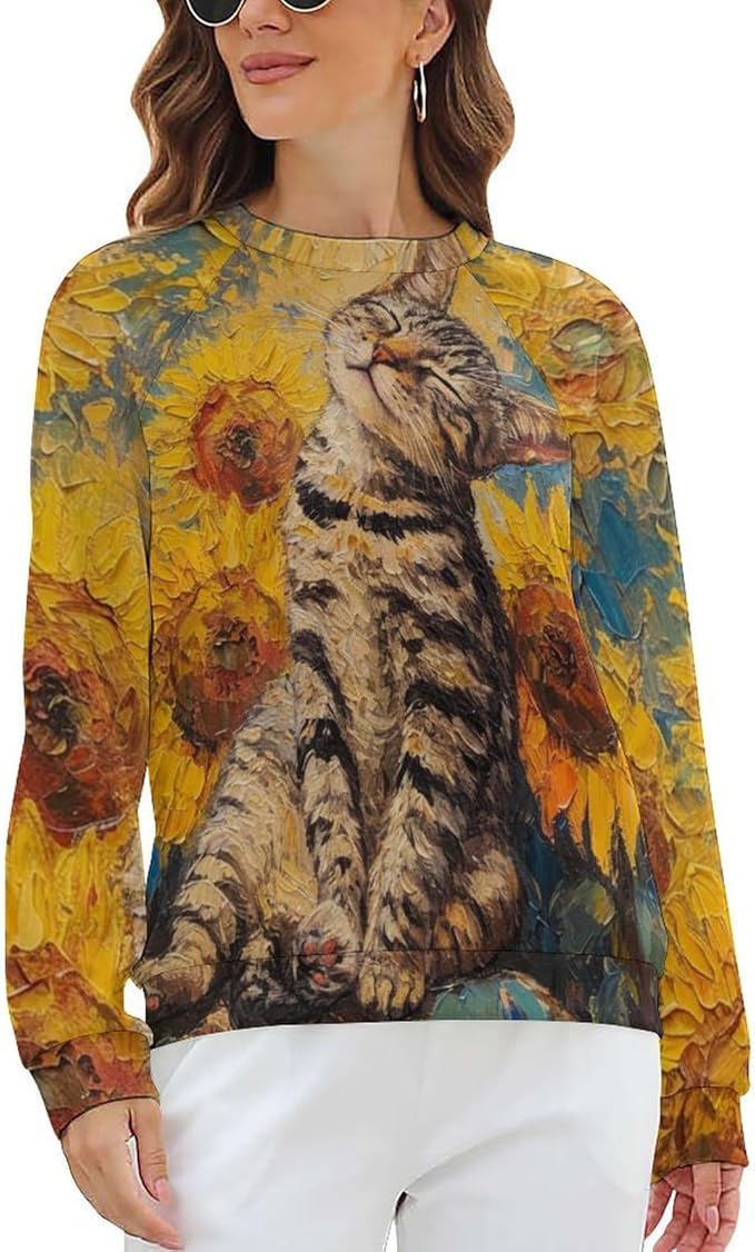Long Sleeve Shirts for Women Cat Oil Painting Shirt 3D Graphic Sweatshirts Fall Pullover Crewneck Vintage Boho Tops