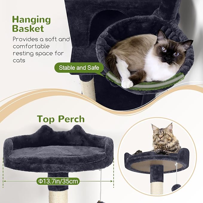 Globlazer Cat Tree, 70 inch Tall Scratching Tower Multi-Level Cat Condo for Indoor Multiple Cats with 2 Large Cat Caves, Top Perch, Large Platform, Bottom Swing, F70B, Dark Grey
