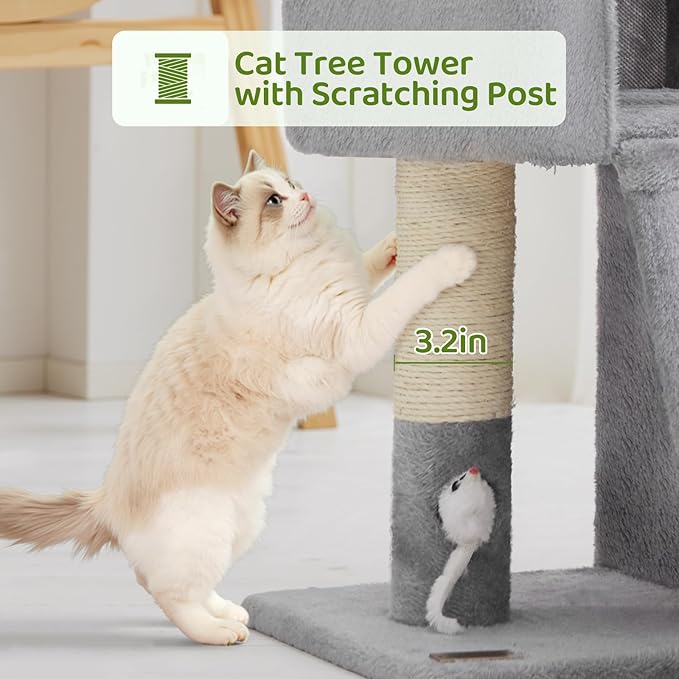 24inch Tall cat Tree with 2 cat condo and Mouse Toy Cozy Small cat Tower with Scratching Post and Board for Kitties and Small Cats.(Light Grey)