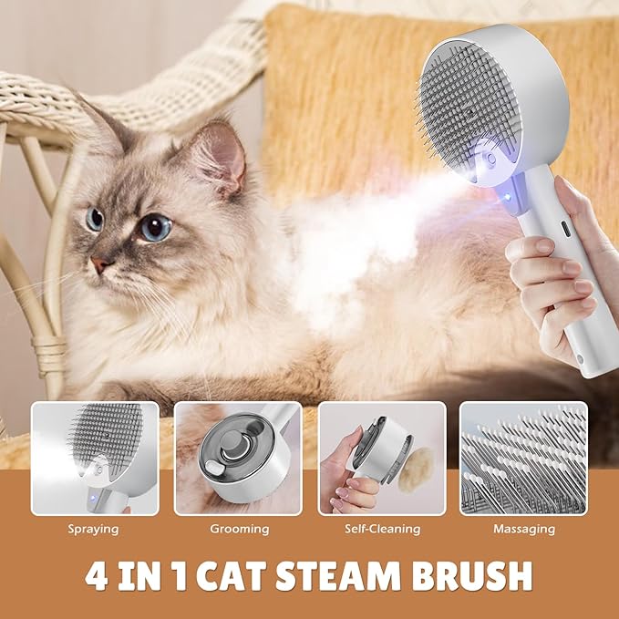 Cat Steam Brush,Cat Brushes for Indoor Cats, 4 In 1Spritz Spray Defur Comb, Cloud Care Shedding Control, Pet Grooming Brush for Long Short Hair Cats Dogs, Massage Clean Design Pet Steam Brushes