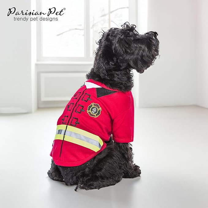 Parisian Pet Dog Shirt - Embroidered Dog Firefighter Costume - 100% Cotton and Polyester Dog Clothes - Sleeved Pet Costumes - Red Dog Costumes for Small Dogs - Lightweight Pet Shirts - S