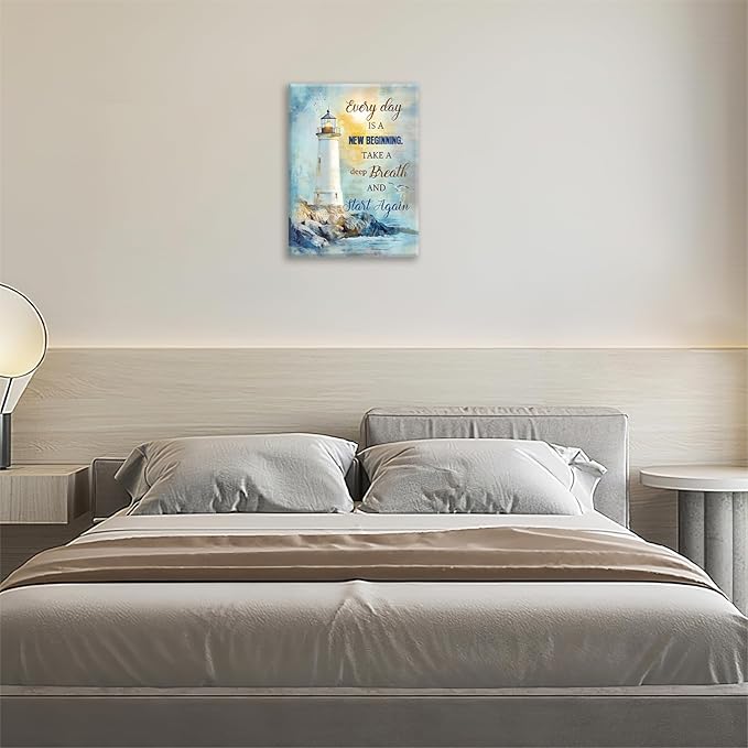 Ocean Lighthouse Pictures Wall Art, Coastal Nautical Bathroom Wall Decor Every Day is a New Beginning Motivational Quote Framed Painting Canvas Artwork for Bedroom Living Room Decorations 16"L x 12"W