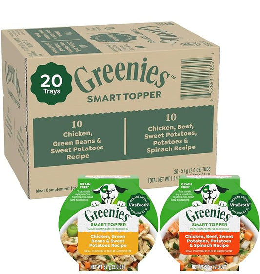 Greenies Smart Topper High Protein Wet Mix-in for Dogs, Chicken, Green Beans, and Sweet Potatoes Recipe & Chicken, Beef, Sweet Potato & Spinach Recipe Variety Pack, 20 Trays of 2oz.