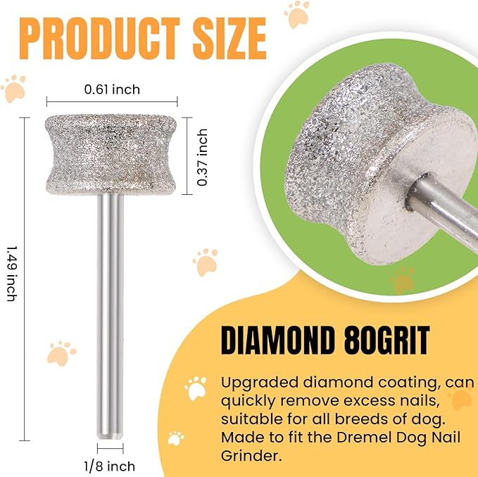 CAELUM Diamond-Coated Pet Nail Grinder Bit, 1/8” Shank for Dremel Nail Tools, Durable & Low-Noise Nail Trimmer for Dogs, Top & Side Grinding, Gentle, Precise Nail Grooming(80grit)