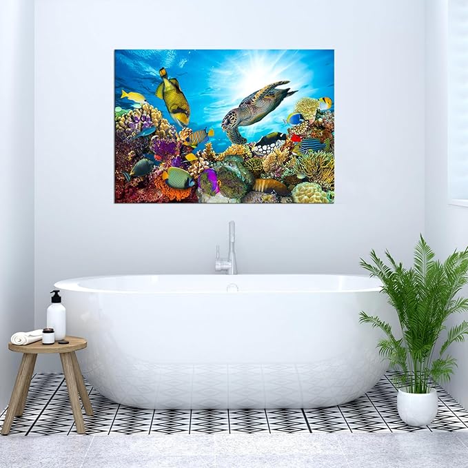 Large Wall Decor Colorful Sea Underwater World Coral Sea Turtle and Tropical Fish Painting Gallery Wrapped Ready to Hang Picture Artwork for Living Room Kids Nursery Room 28"x40"