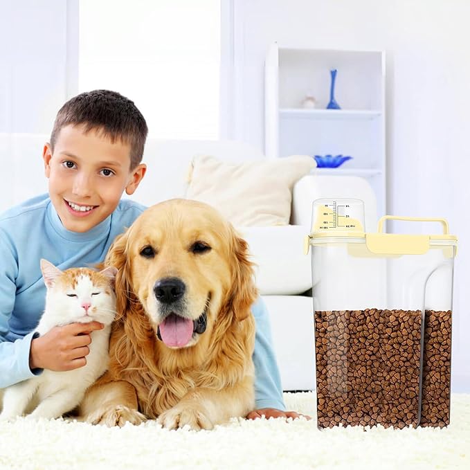 5-7Lbs Cat Dog Storage Container, Portable Pet Food Containers with Upgraded Large Spout and Cup, Small Animal Kibble Dispenser for Bird Seed, Oatmeal, Rice, Flour (1, Cream yellow, 5L)