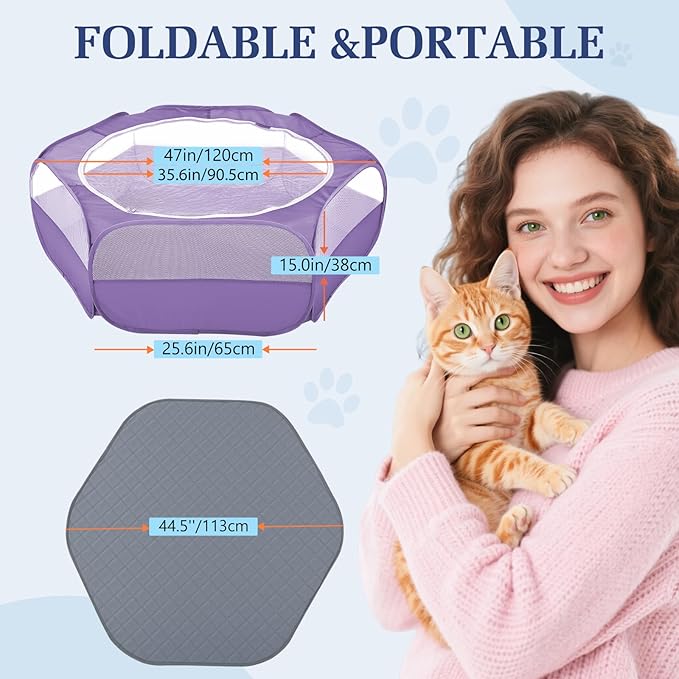 2-in-1 Small Animals Playpen with Pad, Waterproof Small Pet Cage Tent with Reusable Pad, Portable Outdoor Yard Fence with 3 Metal Rod for Chick/Kitten/Puppy/Guinea Pig/Rabbits/Chinchillas, Purple