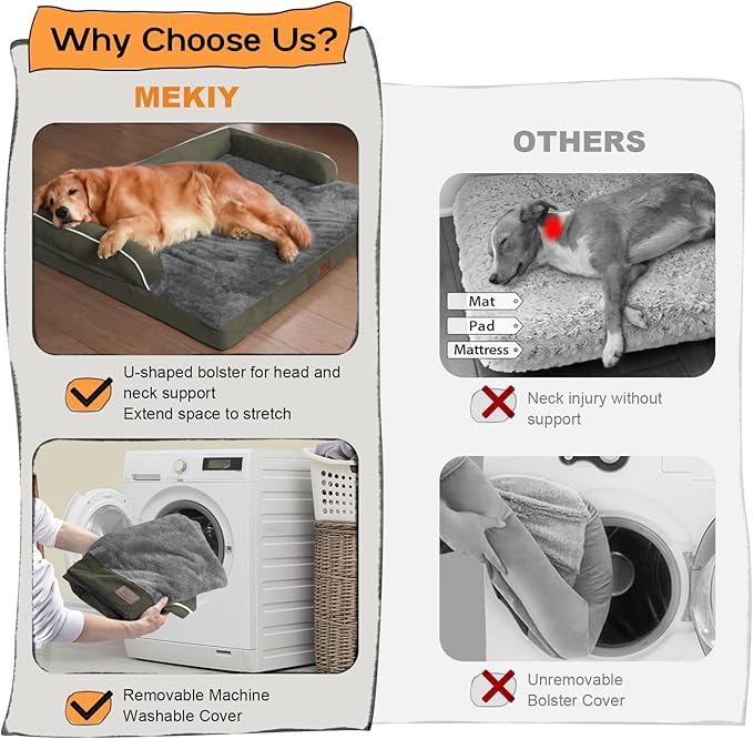 Large Dog Bed Orthopedic Washable - Beds Bolster Pet - XL Large Big Dogs - Memory Foam - Couch Sofa Bed- Waterproof with Removable Cover - Dark Green Dog Bed