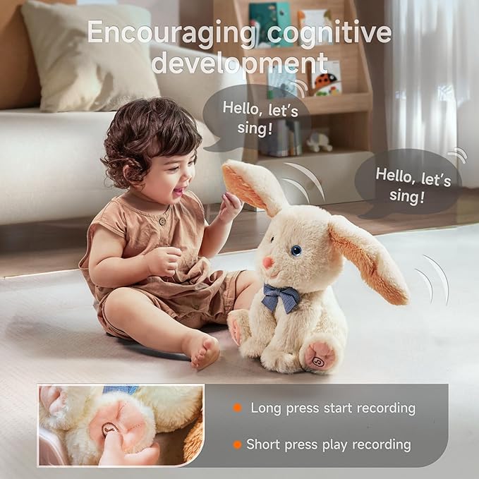 TUMAMA Bunny Stuffed Animal - Musical Stuffed Animal with Moving Ears, Features Singing, Recording, Repeating for Toddlers, Interactive Stuffed Bunny Plush Gift Toys for Boys and Girls