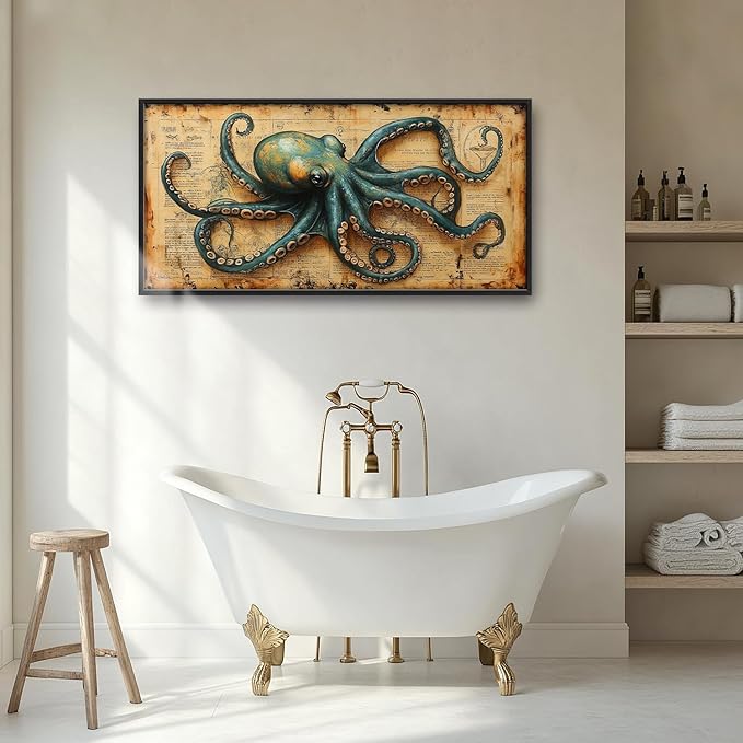 Large Octopus Nautical Wall Art for Living Room, Vintage Ocean Canvas Oversized Wall Decor, Rustic Sea Animal Framed Pictures Painting Print Artwork for Bedroom Office 60"L x 30"W