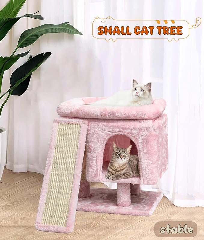 SYANDLVY Small Pink Cat Tree with Perch for Indoor Cats, Cat Tower with Scratching Post, Modern Activity House for Large Cats, Condo with Board, Kittens Cave