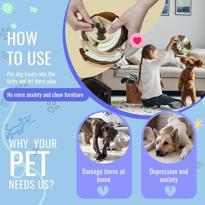 Pet Snuffle Ball, Puzzle Sniffing Interactive Dog Ball for Blind Dogs Training Stress Relief Dog Enrichment Toys Treat Machine Washable (15cm, Milk Tea Brown)