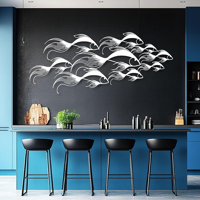 School of Fish Metal Wall Art, Metal Fish Wall Decor, Sea Life Wall Art, Large Nautical Wall Hanging, Modern Beach House Wall Decor, Ocean Themed Artwork for Bathroom (Silver, 24"x10" | 60x25cm)