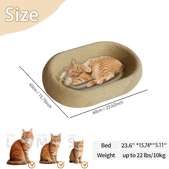 3-in-1 Sisal Scratching Board Bed, for Indoor Cats, Large Oval Cat Scratching Board, Toys for Playing and Nursing Paws (24x15x5 inches) (Large Size, Cat Bed - with Cooling Pad)