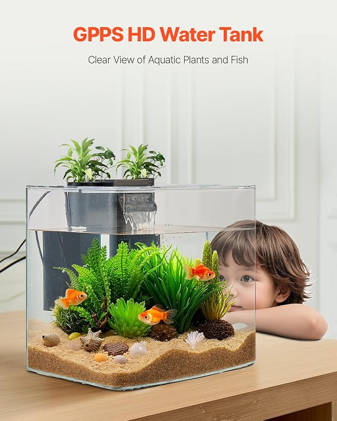 VEVOR Fish Tank Aquarium, 3.5 Gallon Arch Ultra-Clear GPPS Starter Smart Tank Adjustable 3 Color Lighting, Self Cleaning System Fishbowl for Freshwater & Saltwater Fish Home, Office, or Pet Use
