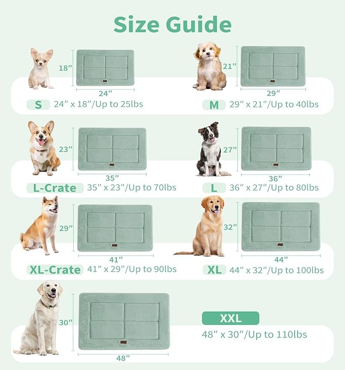 Made4Pets Dog Crate Pad Bed for Extra Large Dogs, Washable & Reversible, Anti-Slip Kennel Mat for Cozy Sleeping, Soft Fluffy Dog Bed for Indoor & Outdoor Use, 48"x30", Green