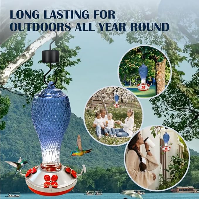 Hummingbird Feeder for Outdoors,17 OZ Glass Humming Bird Feeder for Garden Decor,Four Flowers Feeding Ports,Leak Proof,Ant Moat Included,Humming Gifts for Mom/Women