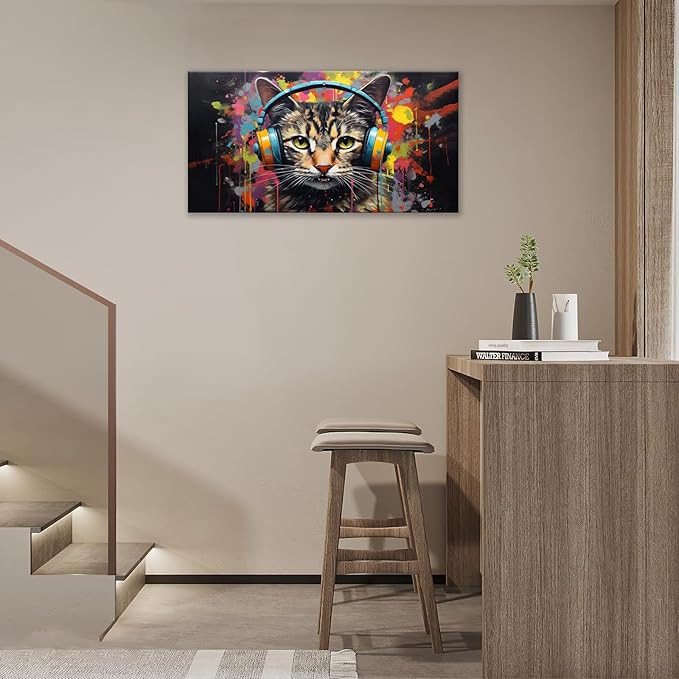 Large Banksy Cat Wall Art Colorful Graffiti Canvas Living Room Pictures Framed Prints Street Pop Modern Wall Decor Painting Artwork for Bedroom Dining Office Home 60"x30"
