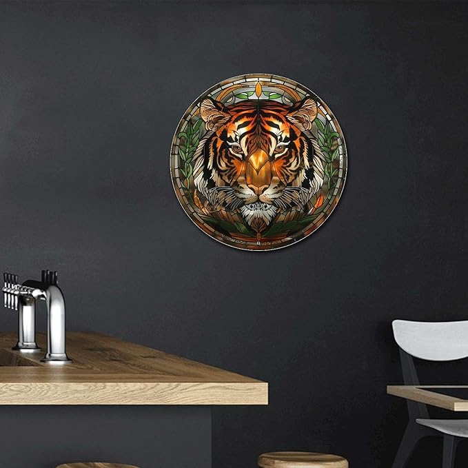 Lygond Metal Sign Tin Sign Circular Stained Glass Tigle Minimalist Wall Art for Home Decor 8×8 Inches