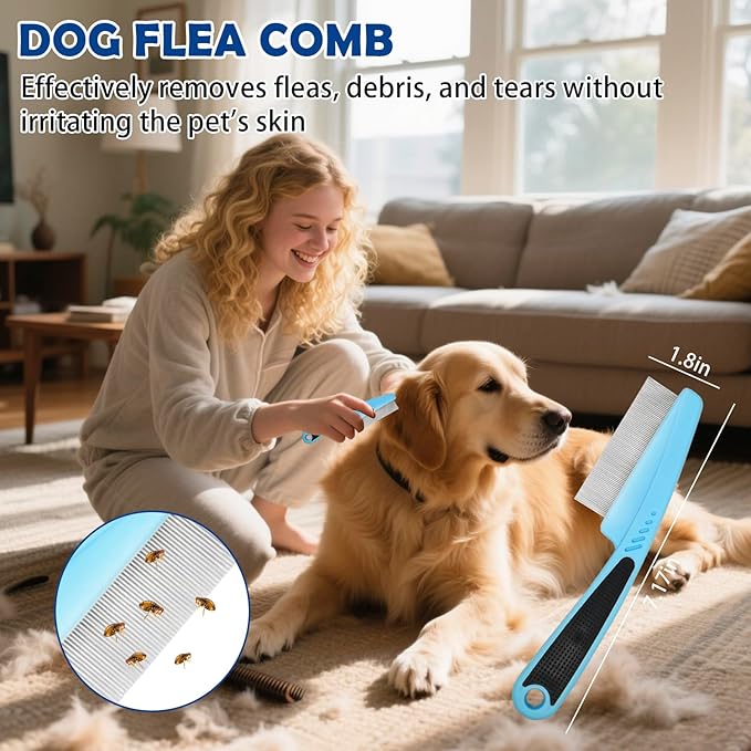 Dog Grooming Brush Set – 5-Piece Kit for Medium & Long-Haired Dogs | Includes Long Pin Brush, Flea Comb, Bath Glove, Silicone Glove, Metal Comb | For Poodles, Huskies & More (Blue)