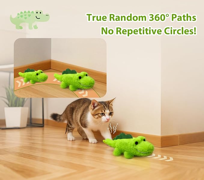 Interactive Cat Toys for Indoor Cats - Automatic Moving Cat Chase Toy for Bored Indoor Adult Cats - 360ยฐ Random Movement, Tail Wagging & Catnip Stimulation - Electric Croc(Long Plush)
