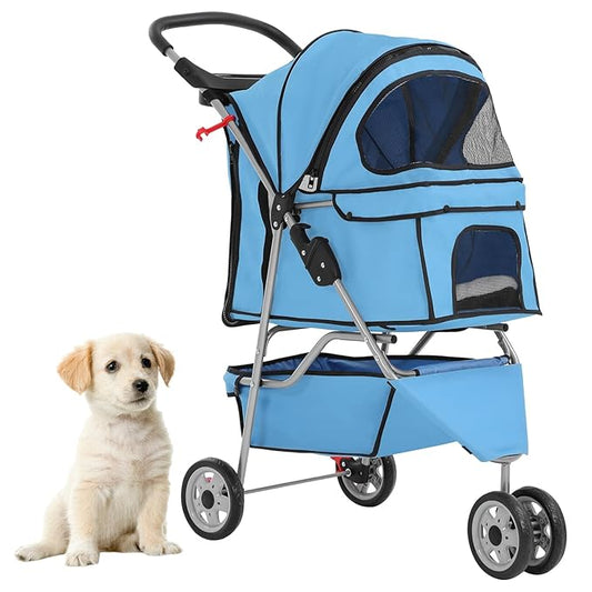Foldable Pet Stroller for Cats and Dogs 3 Wheels Carrier Strolling Cart with Weather Cover, Mesh Panels,Storage Basket Cup Holder,Blue