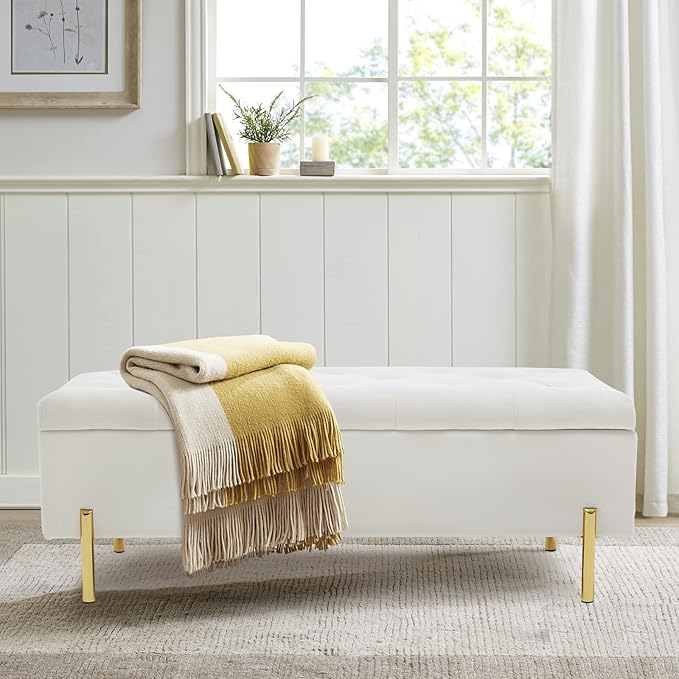 Velvet Storage Bench Ottoman,Versatile Seating with Hidden Storage,End of Bed Bench,Tufted Bench for Bedroom,Living Room,Entryway,Ivory