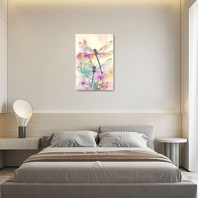 Dragonfly Bathroom Pictures Wall Art, Floral Bathroom Wall Decor, Framed Painting Canvas Artwork for Bedroom Living Room Decorations 24"L x 16"W