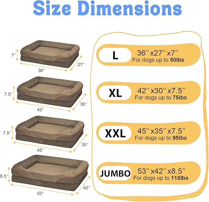 Orthopedic XL Large Dog Bed - Removable Bolster & Waterproof Washable Cover for Pet Big Dogs Bed Extra Large Dog Beds with Foam Support Non-Slip Bottom