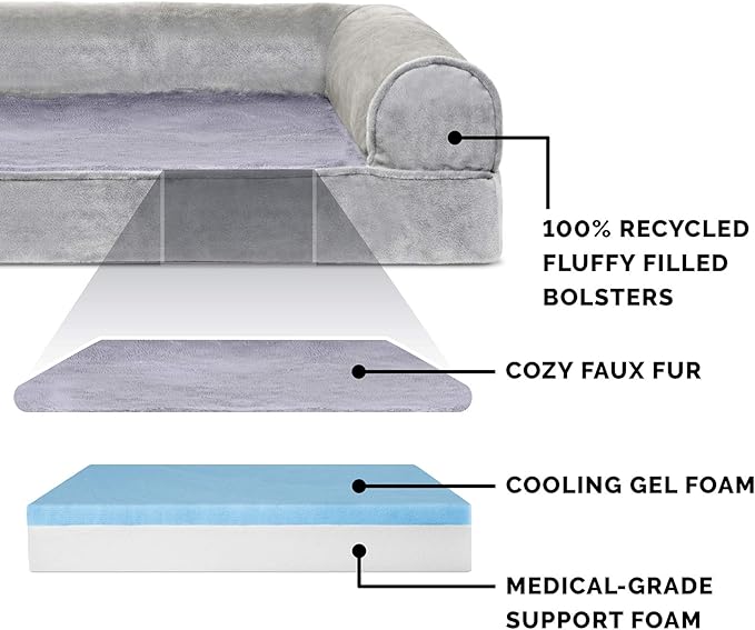 Furhaven Cooling Gel Dog Bed for Medium/Small Dogs w/ Removable Bolsters & Washable Cover, For Dogs Up to 35 lbs - Faux Fur & Velvet Sofa - Smoke Gray, Medium