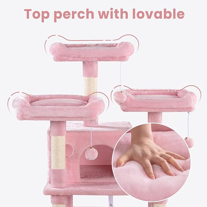 SHA CERLIN 68 Inches Multi-Level Large Cat Tree for Large Kitties/Big Cat Tower with Condo/Cozy Plush Pussycat Perches/Sisal Scratching Posts and Hammocks/Activity Center/Pink
