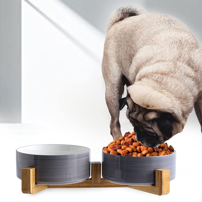 Petygooing Dog Bowls,Ceramic Cat Dog Bowl Set with Wood Stand for Food and Water,Non-Slip Weighted Cute Pet Dish Set for Cats and Medium Size Dogs (28OZ/6.1 in) Grey White