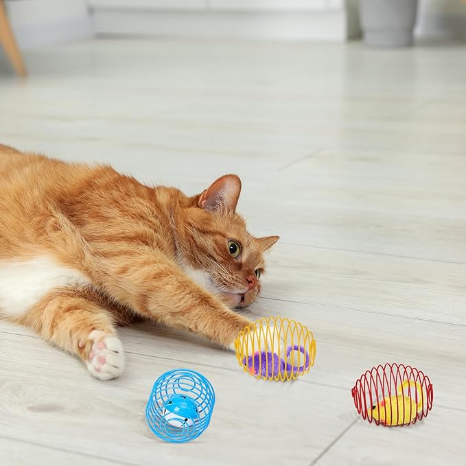 Jecery 5 Pcs Halloween Cat Spring Balls Toys Stretchable Rolling Balls Colorful Playful Coils Interactive Spring Action Toy Caged Rats for Kitten Cat Pet Supplies(Mouse and Bell,Multicolor,5 Pcs)