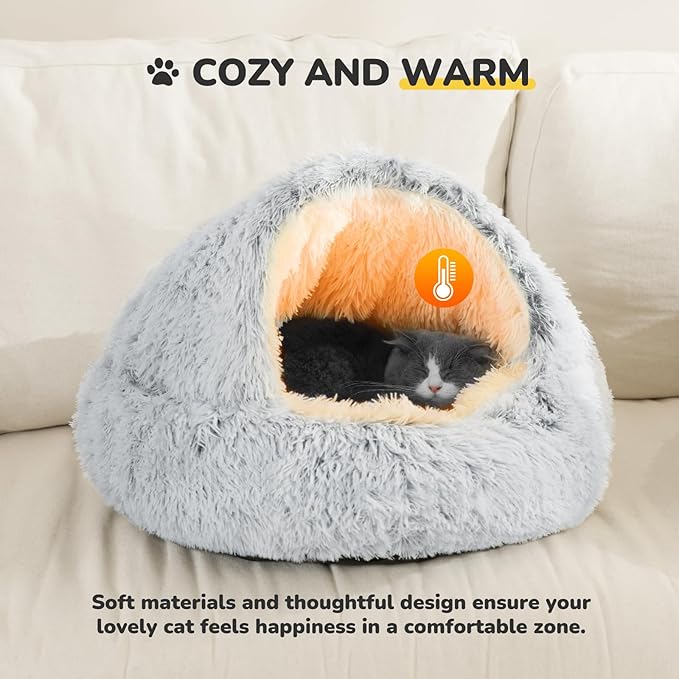 CATISM Cozy Plush Hooded Cat Bed, Indoor/Outdoor, Self-Warming Cave, Removable Washable Non-Slip Bottom