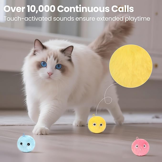 Chirping Cat Toy Balls-Upgraded 3-Pack Fluffy Interactive Kicker with 3 Lifelike Animal Sounds,Battery-Operated,Auto-Activated,Perfect for Indoor Kitty Kitten Exercise,Stimulates Play,Durable Design