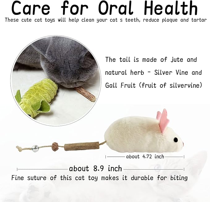 Cat Toys for Indoor Cats, 3Pcs Large 8.9" Plush Mouse Kitten Toys with Bell Tail Sound, Organic Catnip with Silvervine, Individually Packaged Dental Chew Matatabi for Exercise & Oral Health