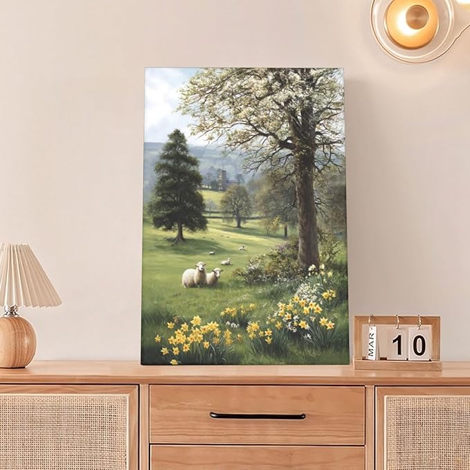 Country Sheep Canvas Wall Decor Farmhouse Rustic Lamb Wildflower Wall Art Nature Countryside Landscape Pictures Painting Print Framed Artwork Decorations for Bathroom Living Room Bedroom 16"x24"