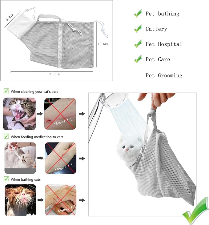 Anti-Scratch Silicone cat Shoes,Cat Claw Covers,Adjustable Multifunctional Anti-Bite Shower net Bag,Cat Grooming Mesh Bag,Cat Bathing Bag(Grey-2)