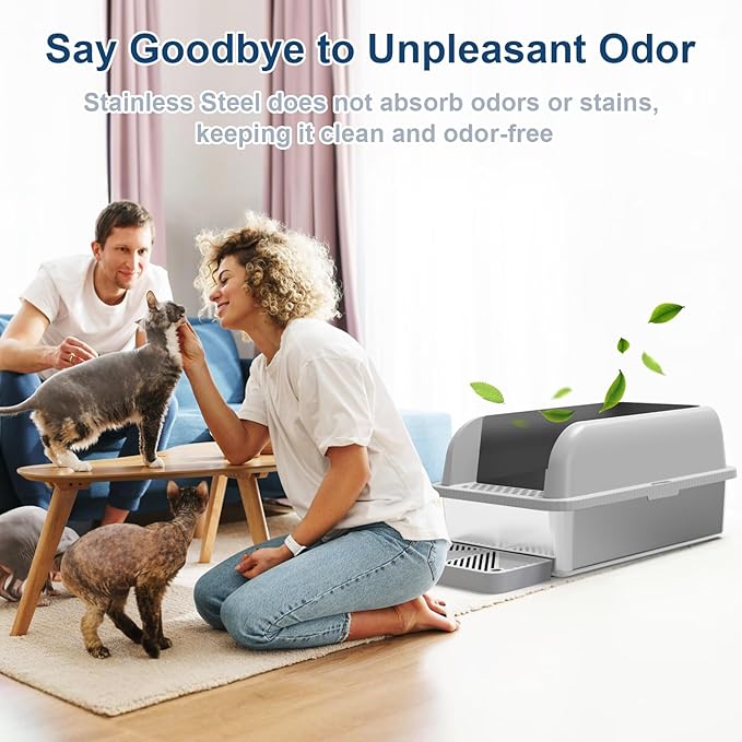 Enclosed Stainless Steel Cat Litter Box with Lid Extra Large Litter Box for Big Cats XL Metal Litter Pan Tray with High Wall Sides Enclosure, Non-Sticky, Anti-Leakage, Easy Cleaning