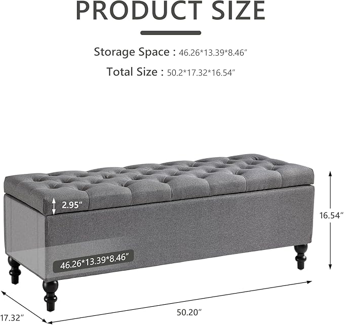 Ottoman with Storage,50.2-inch Upholstered End of Bed Storage Bench for Bedroom,for The Living Room,for Entryway, with Button and Safety Hinges,Detachable (Grey)